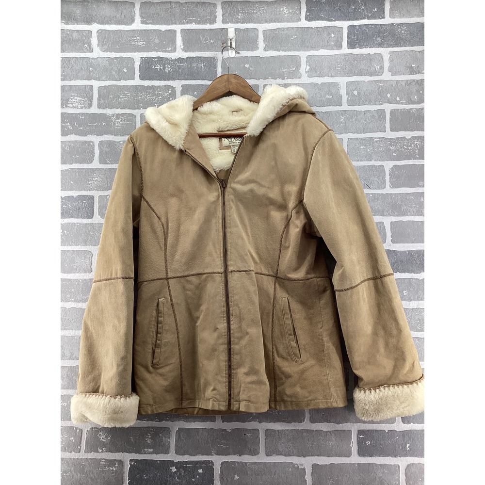 New York Classics Womens Tan Genuine Leather Faux Fur Hooded Jacket Size M